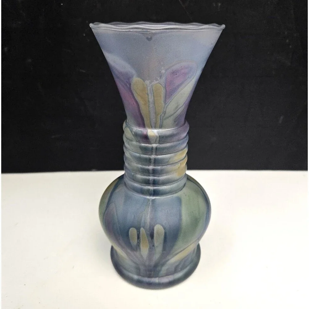 Rueven Nouveau Art Hand Painted Drip Satin Glass Vase w/ Applied Glass Swirl - Picture 2 of 11